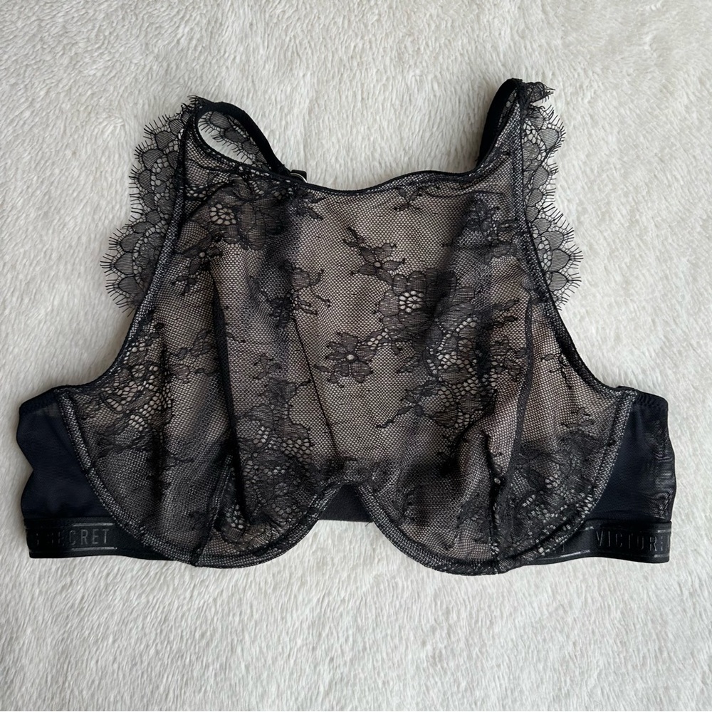 Victoria’s Secret Very Sexy Logo High Neck Underwire Bra Unlined Black Lace 36D